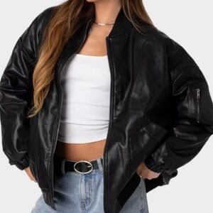 Edikted Black Leather Bomber Jacket